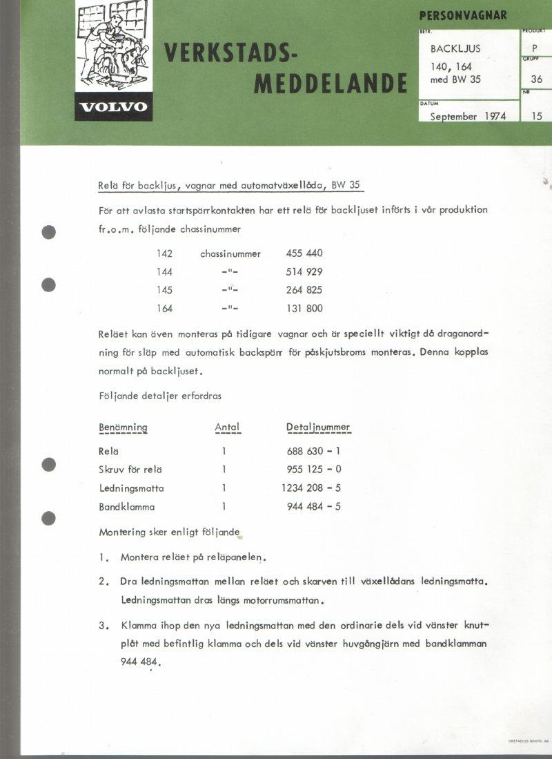 Verkstadsmeddelande/Work shop bulletins and Servicemeddelanden/Service bulletins for the following models: Volvo P1800, Volvo P1800S, Volvo P1800E, Volvo P1800ES, Volvo PV,Volvo PV 444, Volvo PV 544, Volvo Amazon, Volvo 120, Volvo 130, Volvo 220, Volvo 140 , Volvo 240, Volvo 164, Volvo 264 