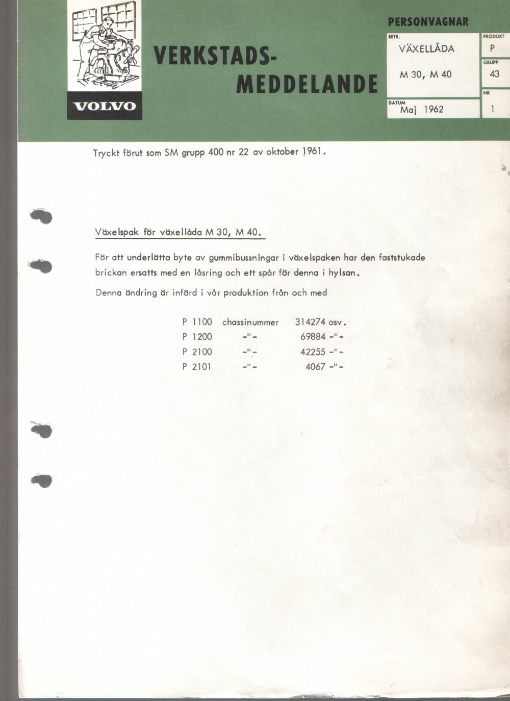 Verkstadsmeddelande/Work shop bulletins and Servicemeddelanden/Service bulletins for the following models: Volvo P1800, Volvo P1800S, Volvo P1800E, Volvo P1800ES, Volvo PV,Volvo PV 444, Volvo PV 544, Volvo Amazon, Volvo 120, Volvo 130, Volvo 220, Volvo 140 , Volvo 240, Volvo 164, Volvo 264 