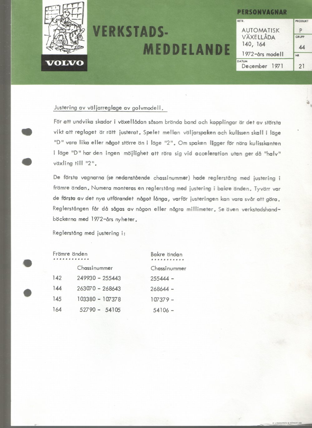 Verkstadsmeddelande/Work shop bulletins and Servicemeddelanden/Service bulletins for the following models: Volvo P1800, Volvo P1800S, Volvo P1800E, Volvo P1800ES, Volvo PV,Volvo PV 444, Volvo PV 544, Volvo Amazon, Volvo 120, Volvo 130, Volvo 220, Volvo 140 , Volvo 240, Volvo 164, Volvo 264 