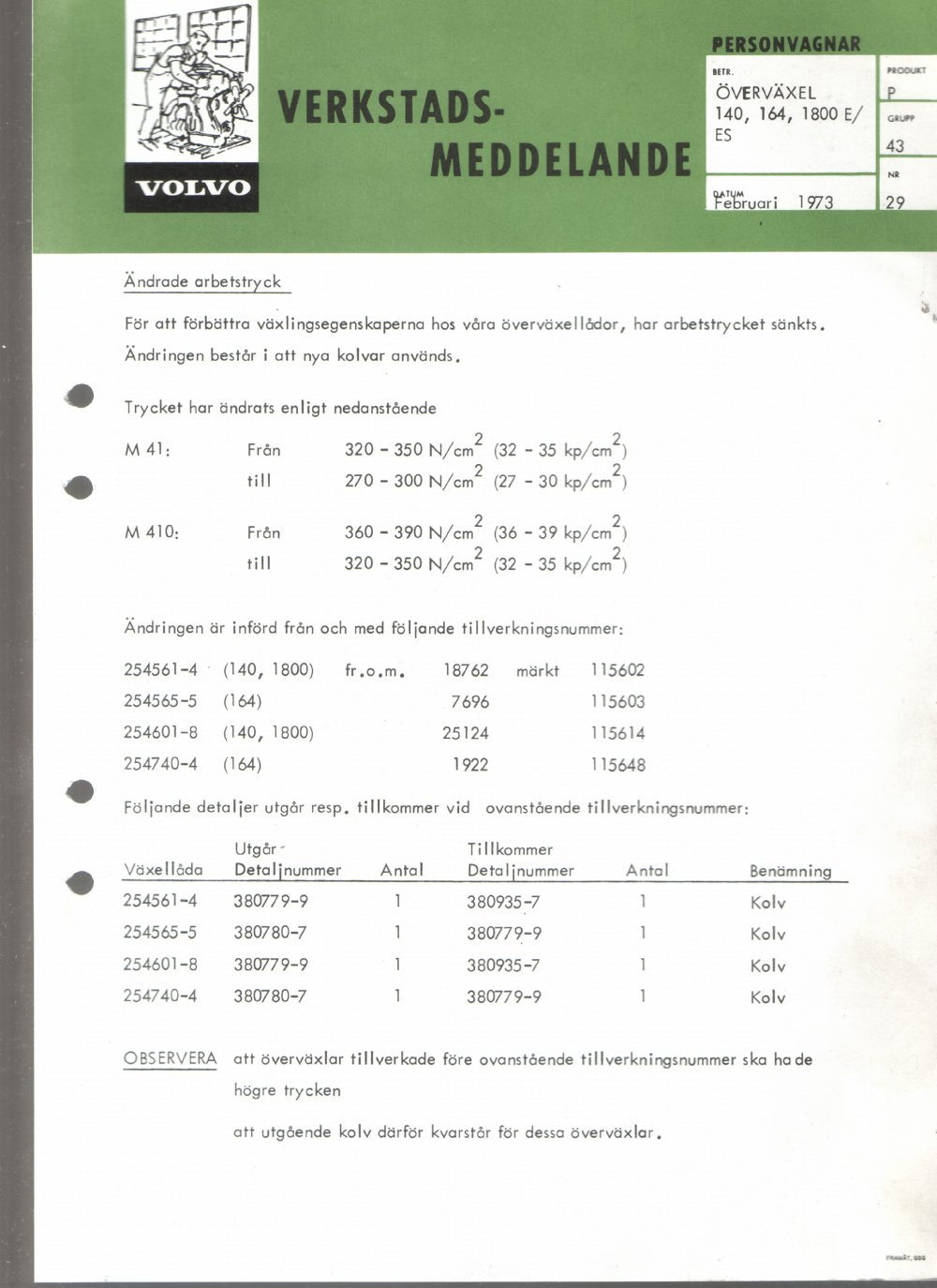 Verkstadsmeddelande/Work shop bulletins and Servicemeddelanden/Service bulletins for the following models: Volvo P1800, Volvo P1800S, Volvo P1800E, Volvo P1800ES, Volvo PV,Volvo PV 444, Volvo PV 544, Volvo Amazon, Volvo 120, Volvo 130, Volvo 220, Volvo 140 , Volvo 240, Volvo 164, Volvo 264 