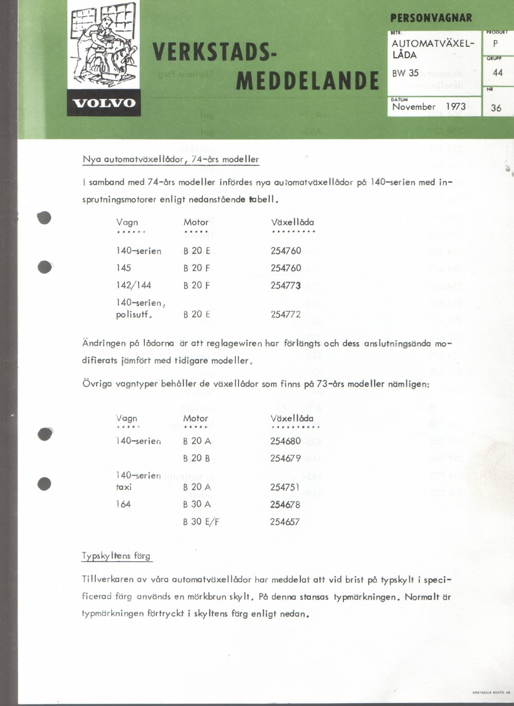 Verkstadsmeddelande/Work shop bulletins and Servicemeddelanden/Service bulletins for the following models: Volvo P1800, Volvo P1800S, Volvo P1800E, Volvo P1800ES, Volvo PV,Volvo PV 444, Volvo PV 544, Volvo Amazon, Volvo 120, Volvo 130, Volvo 220, Volvo 140 , Volvo 240, Volvo 164, Volvo 264 