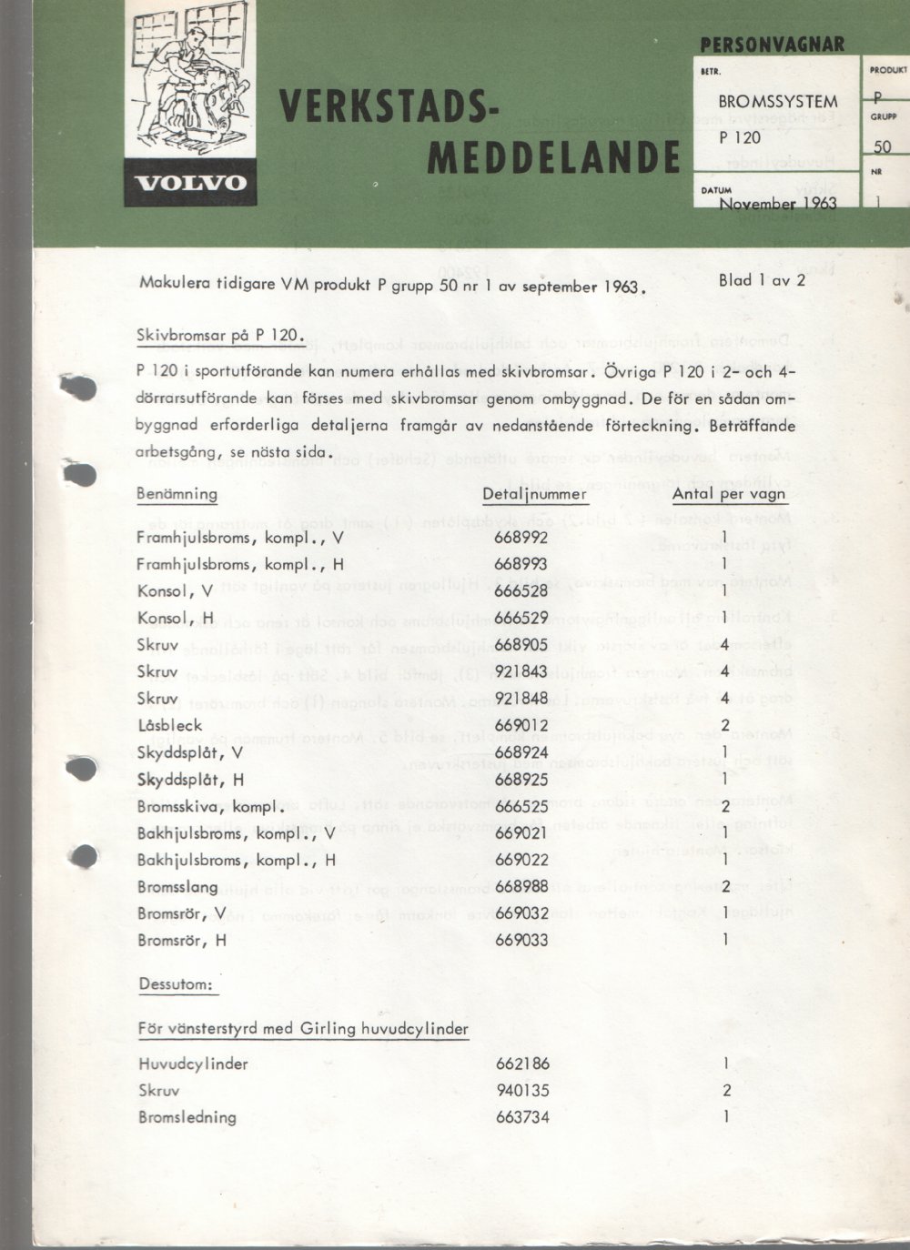 Verkstadsmeddelande/Work shop bulletins and Servicemeddelanden/Service bulletins for the following models: Volvo P1800, Volvo P1800S, Volvo P1800E, Volvo P1800ES, Volvo PV,Volvo PV 444, Volvo PV 544, Volvo Amazon, Volvo 120, Volvo 130, Volvo 220, Volvo 140 , Volvo 240, Volvo 164, Volvo 264 