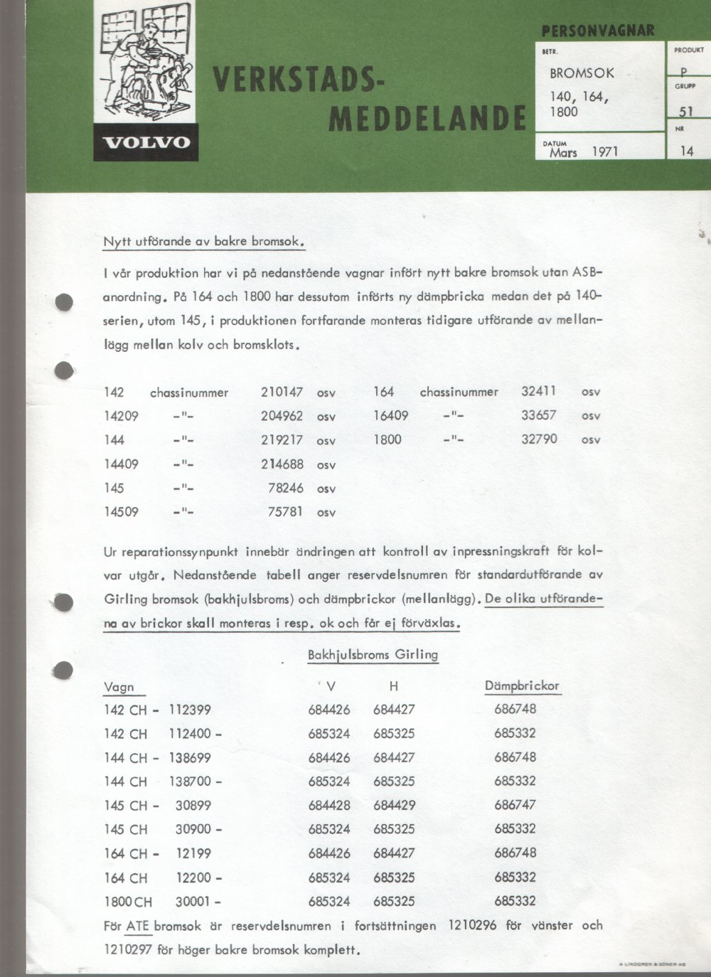 Verkstadsmeddelande/Work shop bulletins and Servicemeddelanden/Service bulletins for the following models: Volvo P1800, Volvo P1800S, Volvo P1800E, Volvo P1800ES, Volvo PV,Volvo PV 444, Volvo PV 544, Volvo Amazon, Volvo 120, Volvo 130, Volvo 220, Volvo 140 , Volvo 240, Volvo 164, Volvo 264 