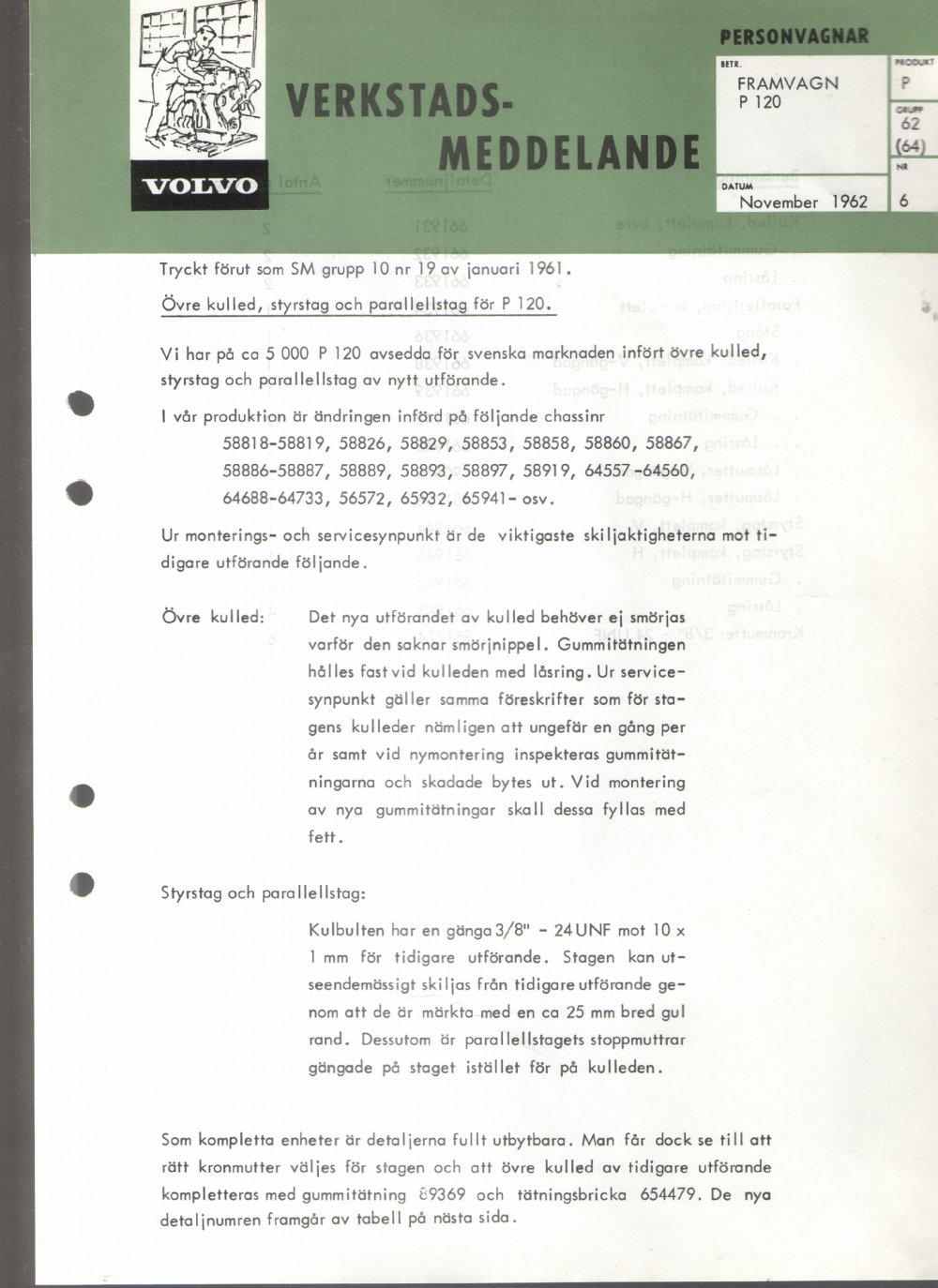 Verkstadsmeddelande/Work shop bulletins and Servicemeddelanden/Service bulletins for the following models: Volvo P1800, Volvo P1800S, Volvo P1800E, Volvo P1800ES, Volvo PV,Volvo PV 444, Volvo PV 544, Volvo Amazon, Volvo 120, Volvo 130, Volvo 220, Volvo 140 , Volvo 240, Volvo 164, Volvo 264 
