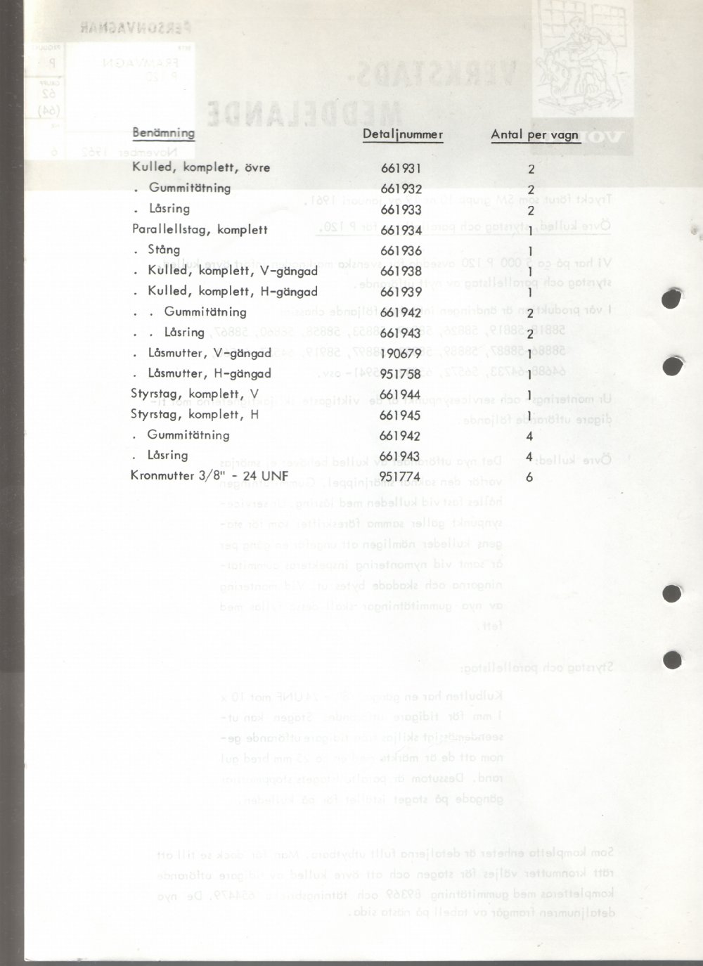 Verkstadsmeddelande/Work shop bulletins and Servicemeddelanden/Service bulletins for the following models: Volvo P1800, Volvo P1800S, Volvo P1800E, Volvo P1800ES, Volvo PV,Volvo PV 444, Volvo PV 544, Volvo Amazon, Volvo 120, Volvo 130, Volvo 220, Volvo 140 , Volvo 240, Volvo 164, Volvo 264 