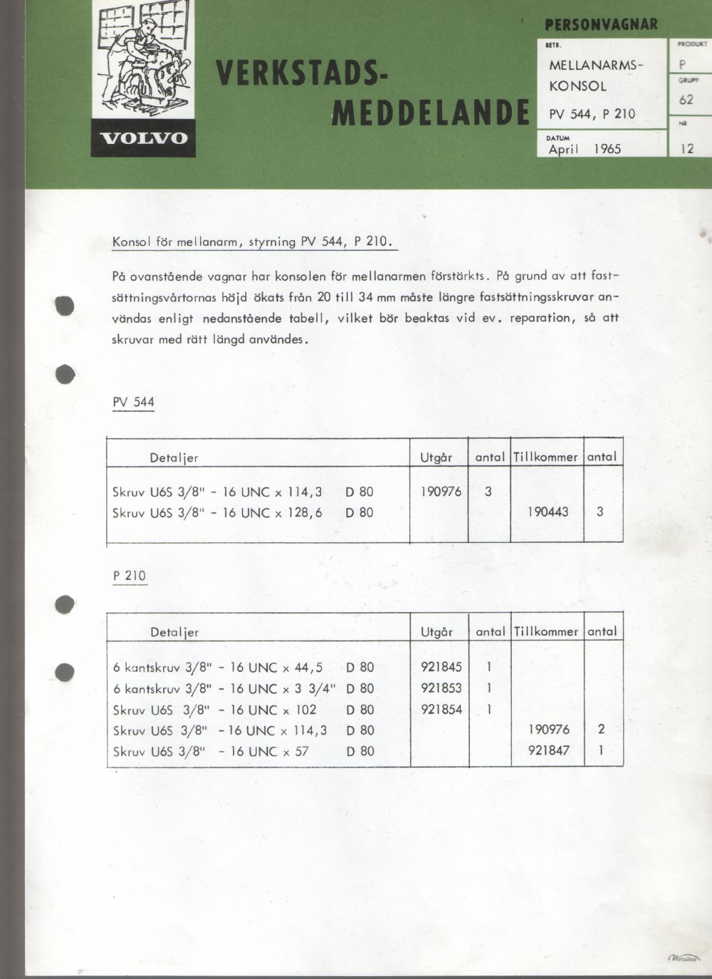 Verkstadsmeddelande/Work shop bulletins and Servicemeddelanden/Service bulletins for the following models: Volvo P1800, Volvo P1800S, Volvo P1800E, Volvo P1800ES, Volvo PV,Volvo PV 444, Volvo PV 544, Volvo Amazon, Volvo 120, Volvo 130, Volvo 220, Volvo 140 , Volvo 240, Volvo 164, Volvo 264 