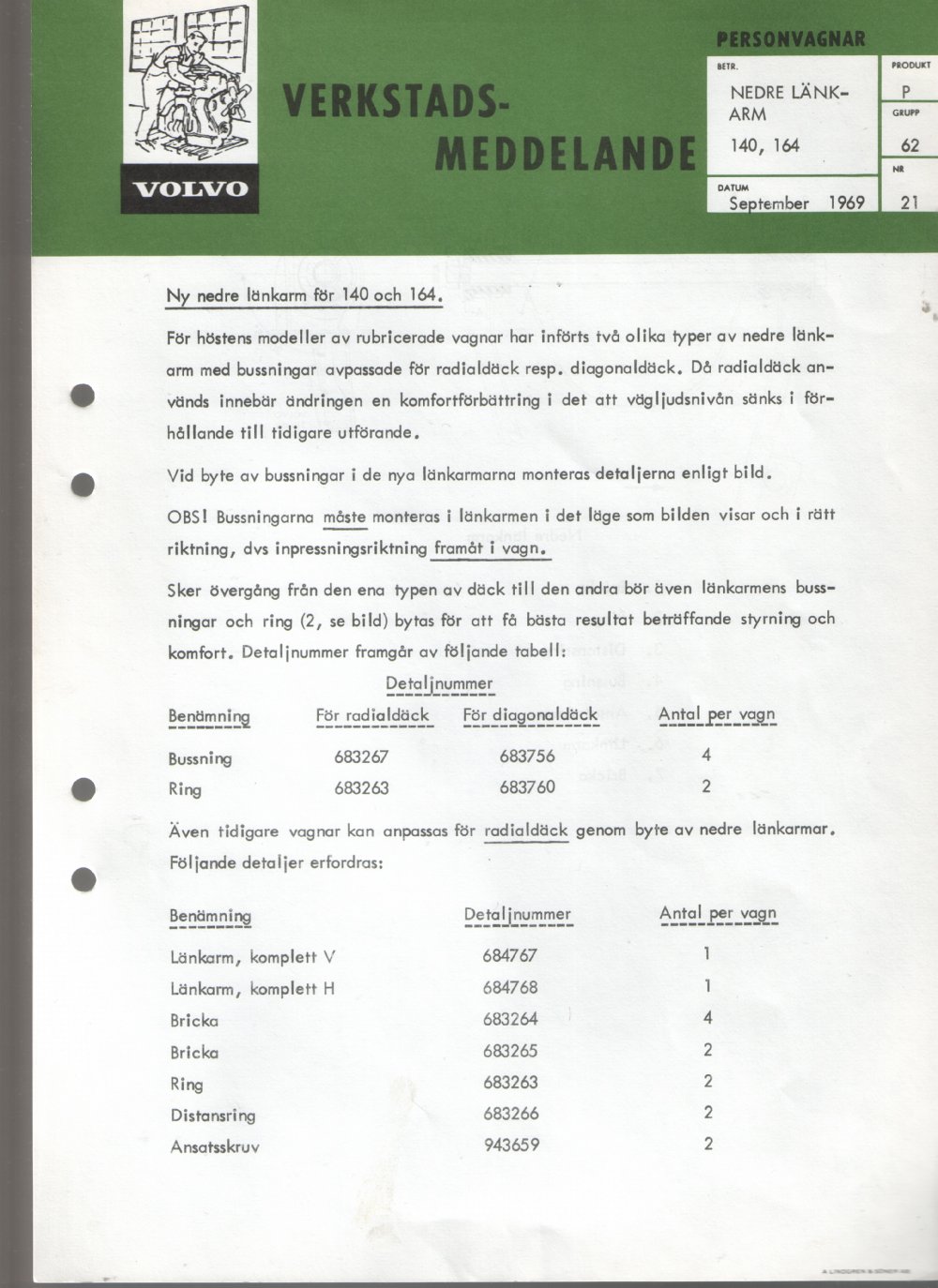 Verkstadsmeddelande/Work shop bulletins and Servicemeddelanden/Service bulletins for the following models: Volvo P1800, Volvo P1800S, Volvo P1800E, Volvo P1800ES, Volvo PV,Volvo PV 444, Volvo PV 544, Volvo Amazon, Volvo 120, Volvo 130, Volvo 220, Volvo 140 , Volvo 240, Volvo 164, Volvo 264 