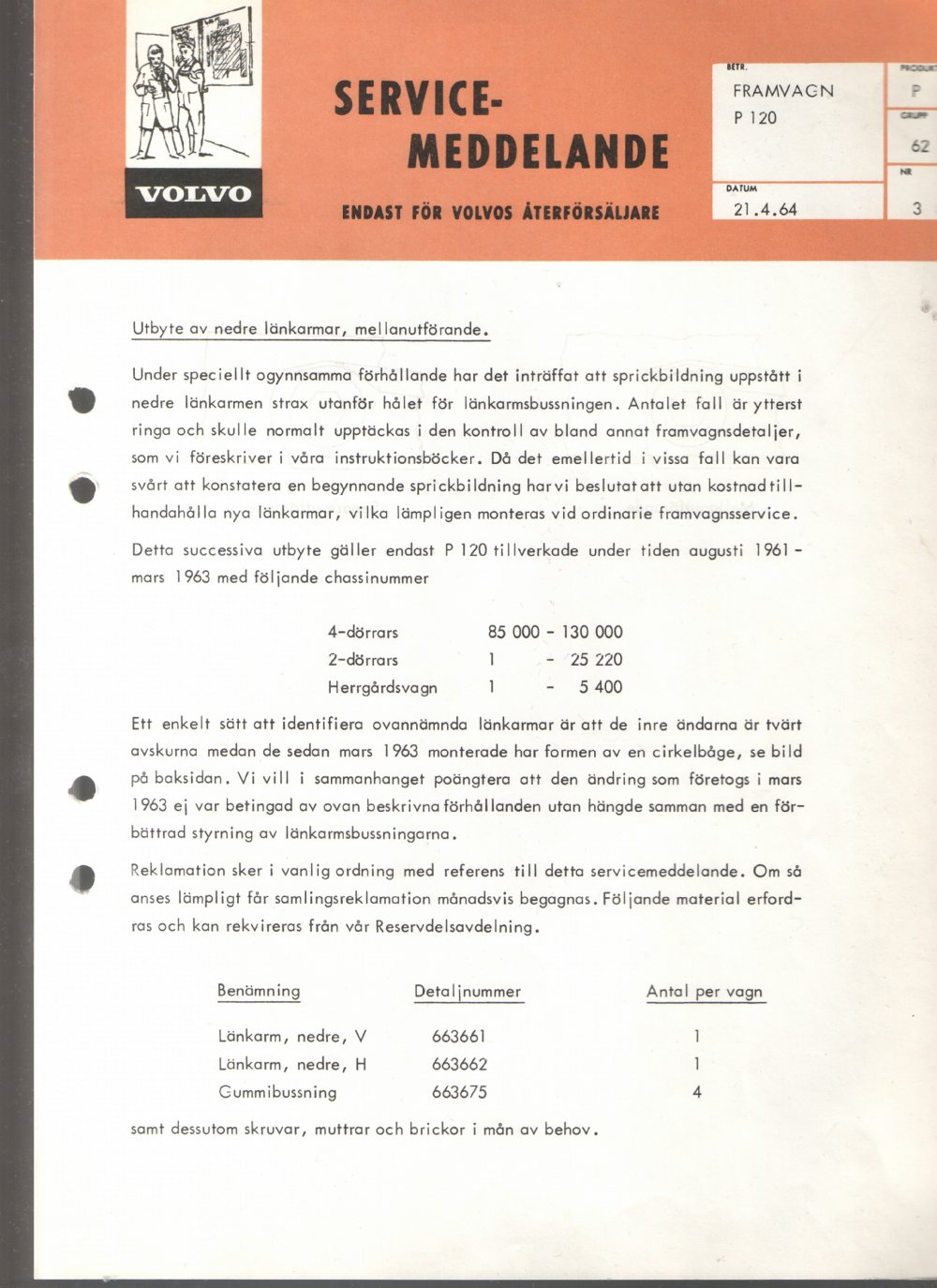 Verkstadsmeddelande/Work shop bulletins and Servicemeddelanden/Service bulletins for the following models: Volvo P1800, Volvo P1800S, Volvo P1800E, Volvo P1800ES, Volvo PV,Volvo PV 444, Volvo PV 544, Volvo Amazon, Volvo 120, Volvo 130, Volvo 220, Volvo 140 , Volvo 240, Volvo 164, Volvo 264 