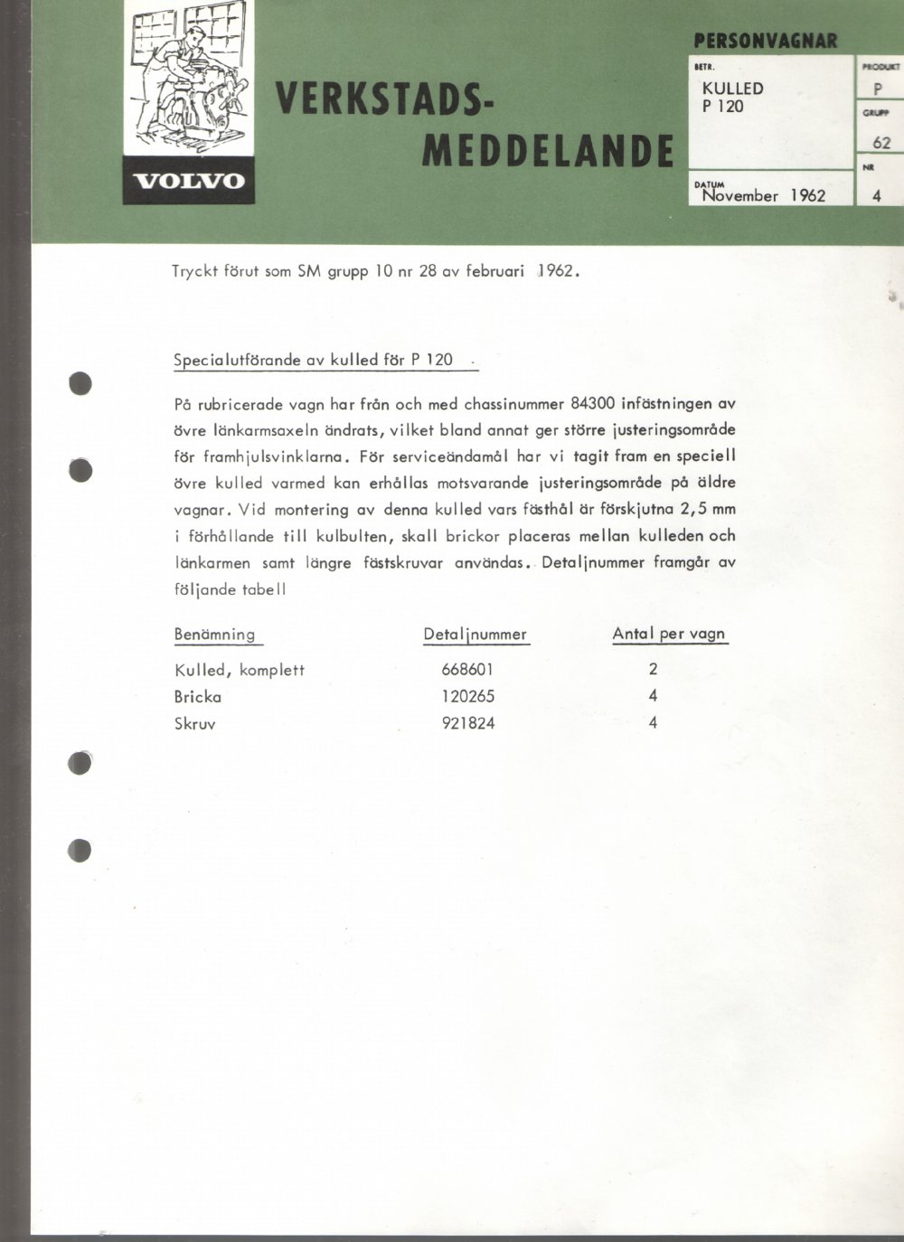 Verkstadsmeddelande/Work shop bulletins and Servicemeddelanden/Service bulletins for the following models: Volvo P1800, Volvo P1800S, Volvo P1800E, Volvo P1800ES, Volvo PV,Volvo PV 444, Volvo PV 544, Volvo Amazon, Volvo 120, Volvo 130, Volvo 220, Volvo 140 , Volvo 240, Volvo 164, Volvo 264 