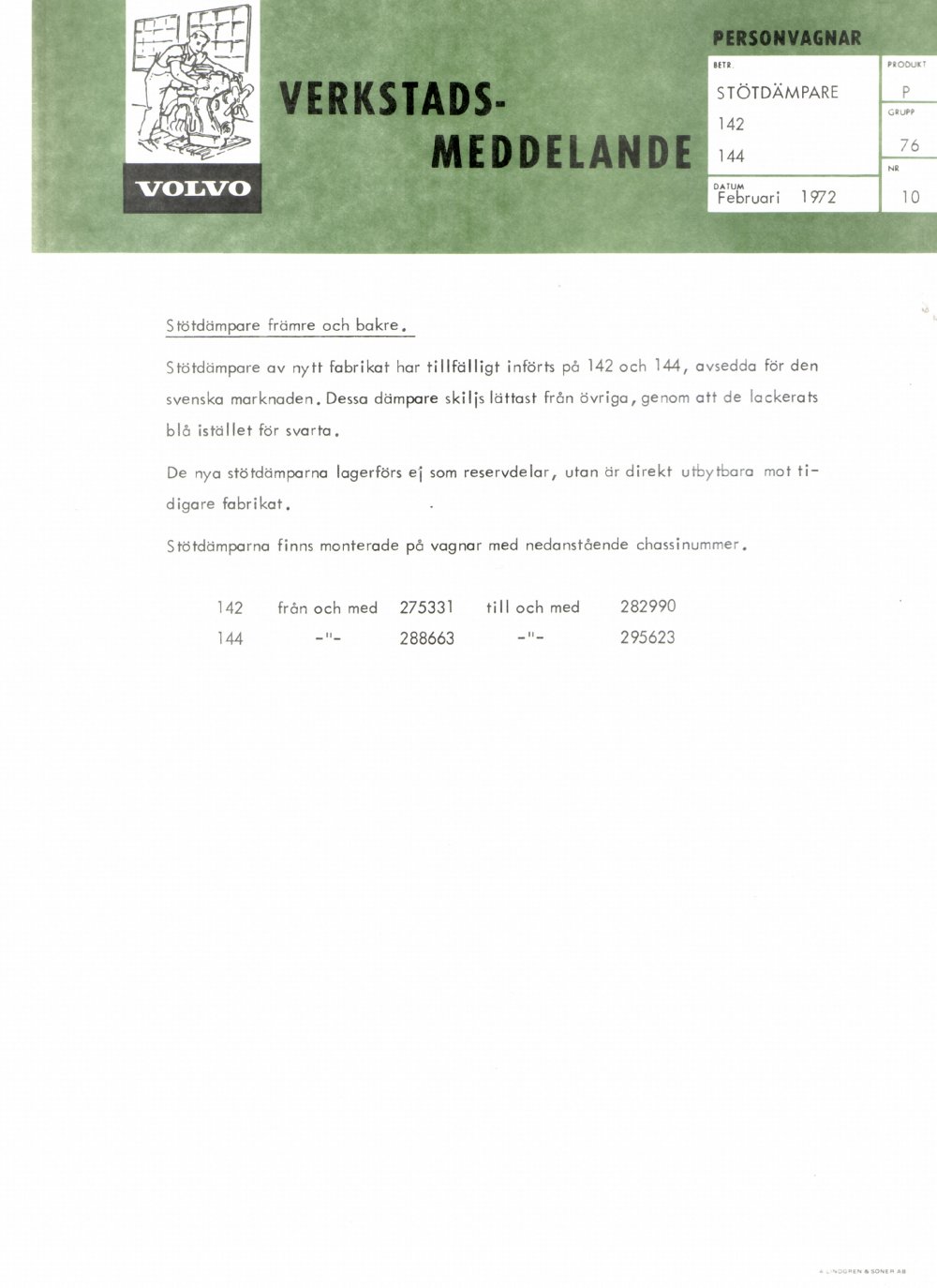 Verkstadsmeddelande/Work shop bulletins and Servicemeddelanden/Service bulletins for the following models: Volvo P1800, Volvo P1800S, Volvo P1800E, Volvo P1800ES, Volvo PV,Volvo PV 444, Volvo PV 544, Volvo Amazon, Volvo 120, Volvo 130, Volvo 220, Volvo 140 , Volvo 240, Volvo 164, Volvo 264 
