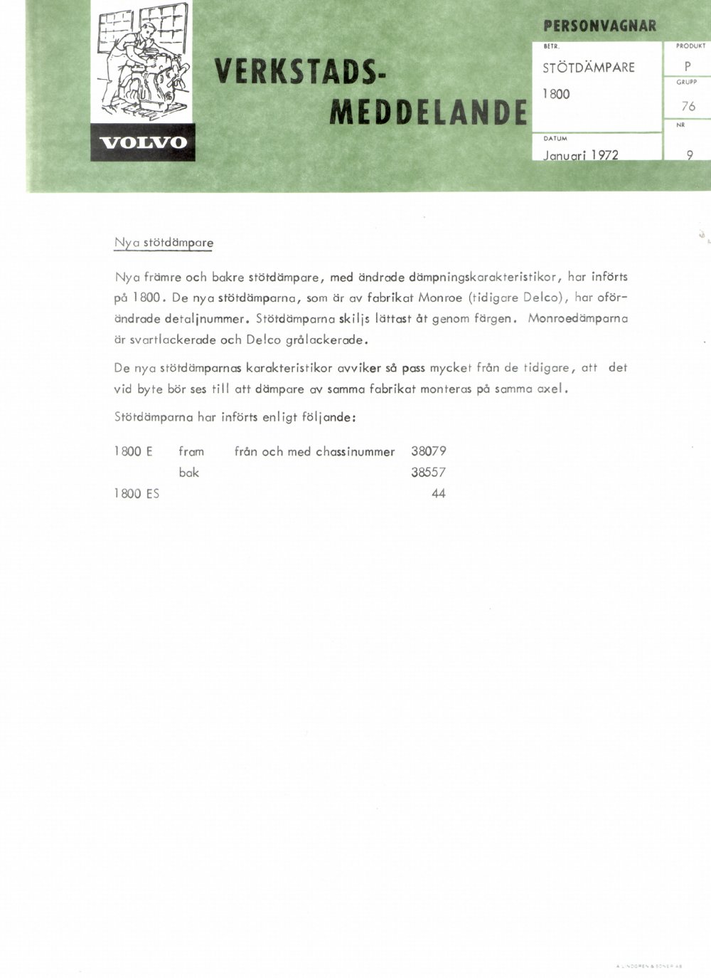 Verkstadsmeddelande/Work shop bulletins and Servicemeddelanden/Service bulletins for the following models: Volvo P1800, Volvo P1800S, Volvo P1800E, Volvo P1800ES, Volvo PV,Volvo PV 444, Volvo PV 544, Volvo Amazon, Volvo 120, Volvo 130, Volvo 220, Volvo 140 , Volvo 240, Volvo 164, Volvo 264 