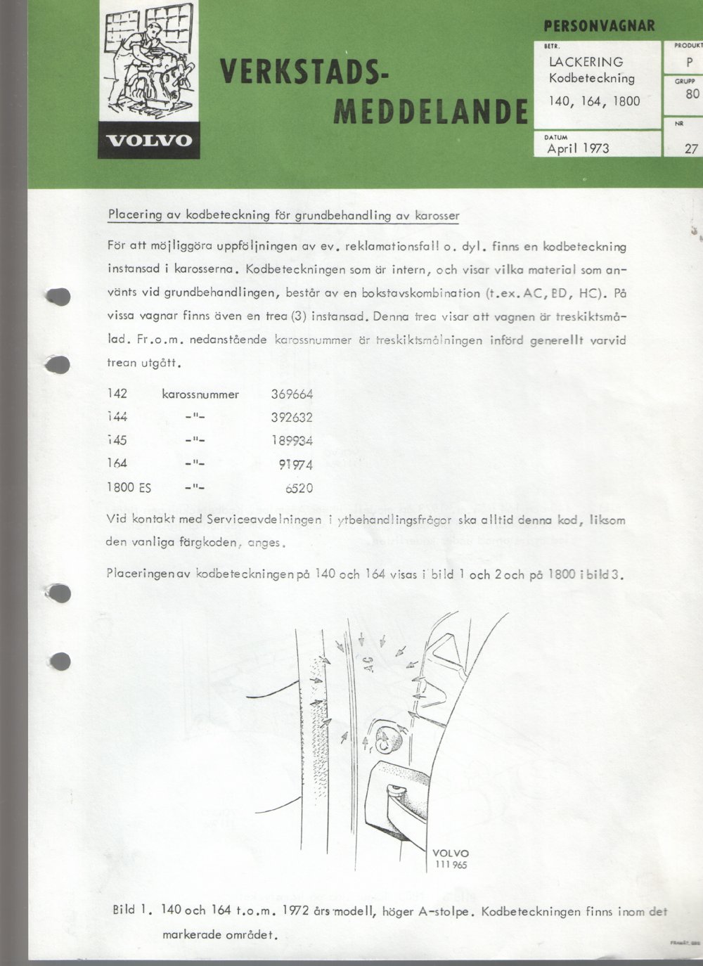 Verkstadsmeddelande/Work shop bulletins and Servicemeddelanden/Service bulletins for the following models: Volvo P1800, Volvo P1800S, Volvo P1800E, Volvo P1800ES, Volvo PV,Volvo PV 444, Volvo PV 544, Volvo Amazon, Volvo 120, Volvo 130, Volvo 220, Volvo 140 , Volvo 240, Volvo 164, Volvo 264 