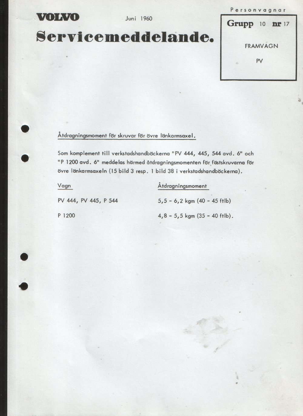 Verkstadsmeddelande/Work shop bulletins and Servicemeddelanden/Service bulletins for the following models: Volvo P1800, Volvo P1800S, Volvo P1800E, Volvo P1800ES, Volvo PV,Volvo PV 444, Volvo PV 544, Volvo Amazon, Volvo 120, Volvo 130, Volvo 220, Volvo 140 , Volvo 240, Volvo 164, Volvo 264 
