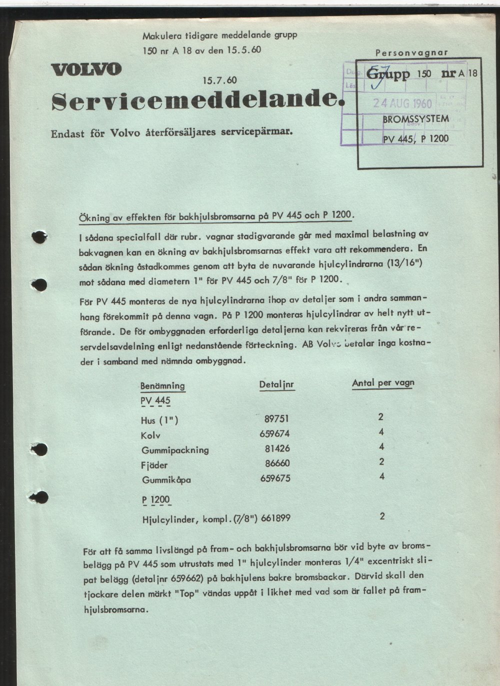 Verkstadsmeddelande/Work shop bulletins and Servicemeddelanden/Service bulletins for the following models: Volvo P1800, Volvo P1800S, Volvo P1800E, Volvo P1800ES, Volvo PV,Volvo PV 444, Volvo PV 544, Volvo Amazon, Volvo 120, Volvo 130, Volvo 220, Volvo 140 , Volvo 240, Volvo 164, Volvo 264 