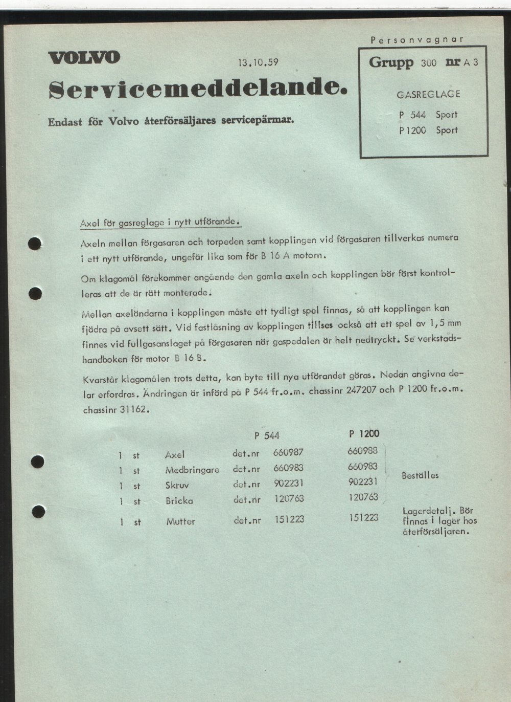 Verkstadsmeddelande/Work shop bulletins and Servicemeddelanden/Service bulletins for the following models: Volvo P1800, Volvo P1800S, Volvo P1800E, Volvo P1800ES, Volvo PV,Volvo PV 444, Volvo PV 544, Volvo Amazon, Volvo 120, Volvo 130, Volvo 220, Volvo 140 , Volvo 240, Volvo 164, Volvo 264 