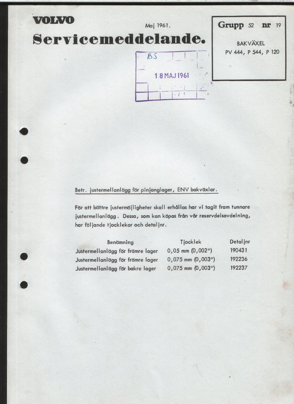 Verkstadsmeddelande/Work shop bulletins and Servicemeddelanden/Service bulletins for the following models: Volvo P1800, Volvo P1800S, Volvo P1800E, Volvo P1800ES, Volvo PV,Volvo PV 444, Volvo PV 544, Volvo Amazon, Volvo 120, Volvo 130, Volvo 220, Volvo 140 , Volvo 240, Volvo 164, Volvo 264 
