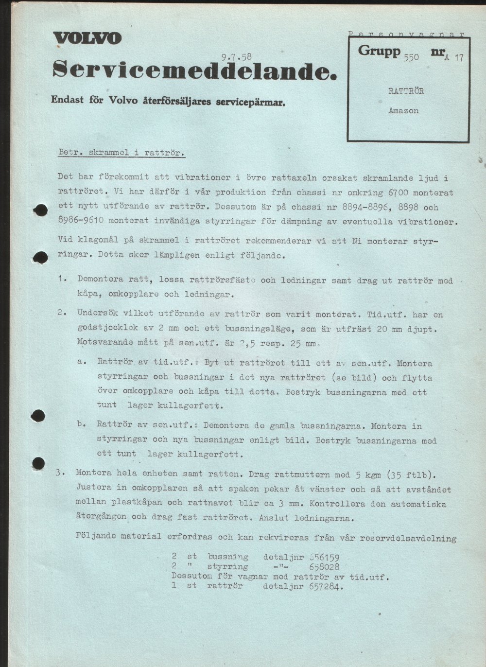 Verkstadsmeddelande/Work shop bulletins and Servicemeddelanden/Service bulletins for the following models: Volvo P1800, Volvo P1800S, Volvo P1800E, Volvo P1800ES, Volvo PV,Volvo PV 444, Volvo PV 544, Volvo Amazon, Volvo 120, Volvo 130, Volvo 220, Volvo 140 , Volvo 240, Volvo 164, Volvo 264 