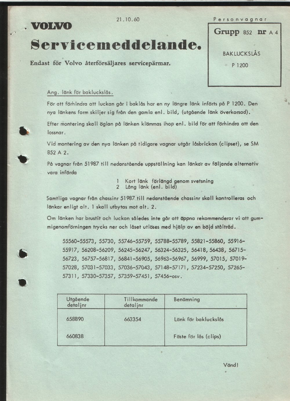 Verkstadsmeddelande/Work shop bulletins and Servicemeddelanden/Service bulletins for the following models: Volvo P1800, Volvo P1800S, Volvo P1800E, Volvo P1800ES, Volvo PV,Volvo PV 444, Volvo PV 544, Volvo Amazon, Volvo 120, Volvo 130, Volvo 220, Volvo 140 , Volvo 240, Volvo 164, Volvo 264 