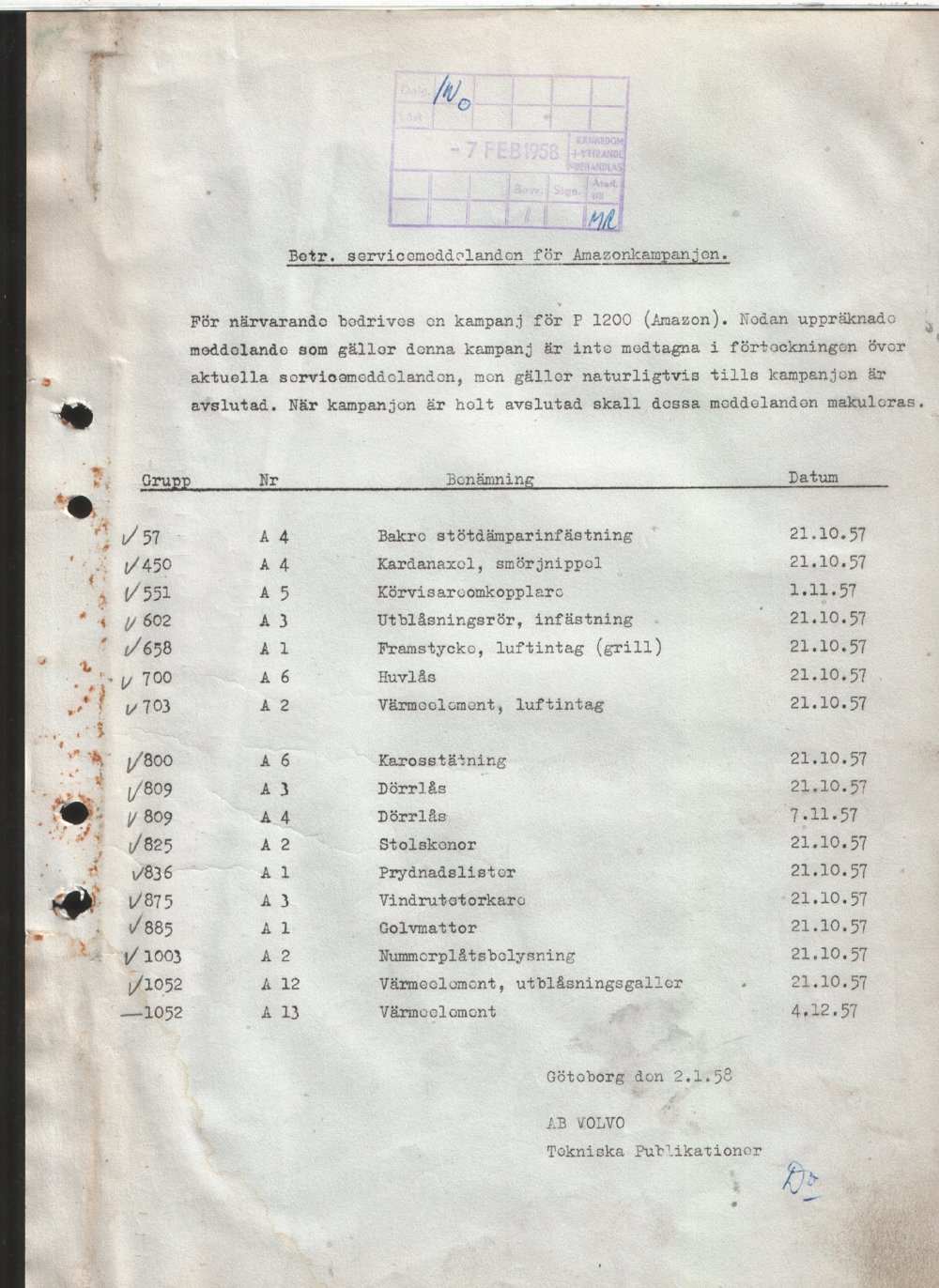 Verkstadsmeddelande/Work shop bulletins and Servicemeddelanden/Service bulletins for the following models: Volvo P1800, Volvo P1800S, Volvo P1800E, Volvo P1800ES, Volvo PV,Volvo PV 444, Volvo PV 544, Volvo Amazon, Volvo 120, Volvo 130, Volvo 220, Volvo 140 , Volvo 240, Volvo 164, Volvo 264 