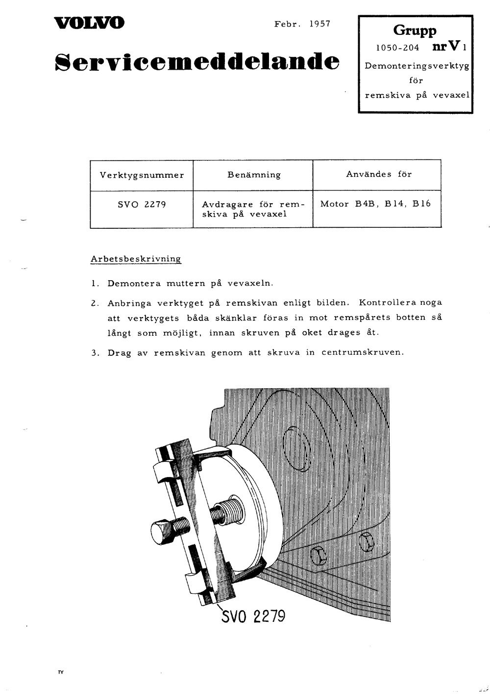 1050-204-V1 1957 Februari demonteringsverktyg remskiva vevaxel