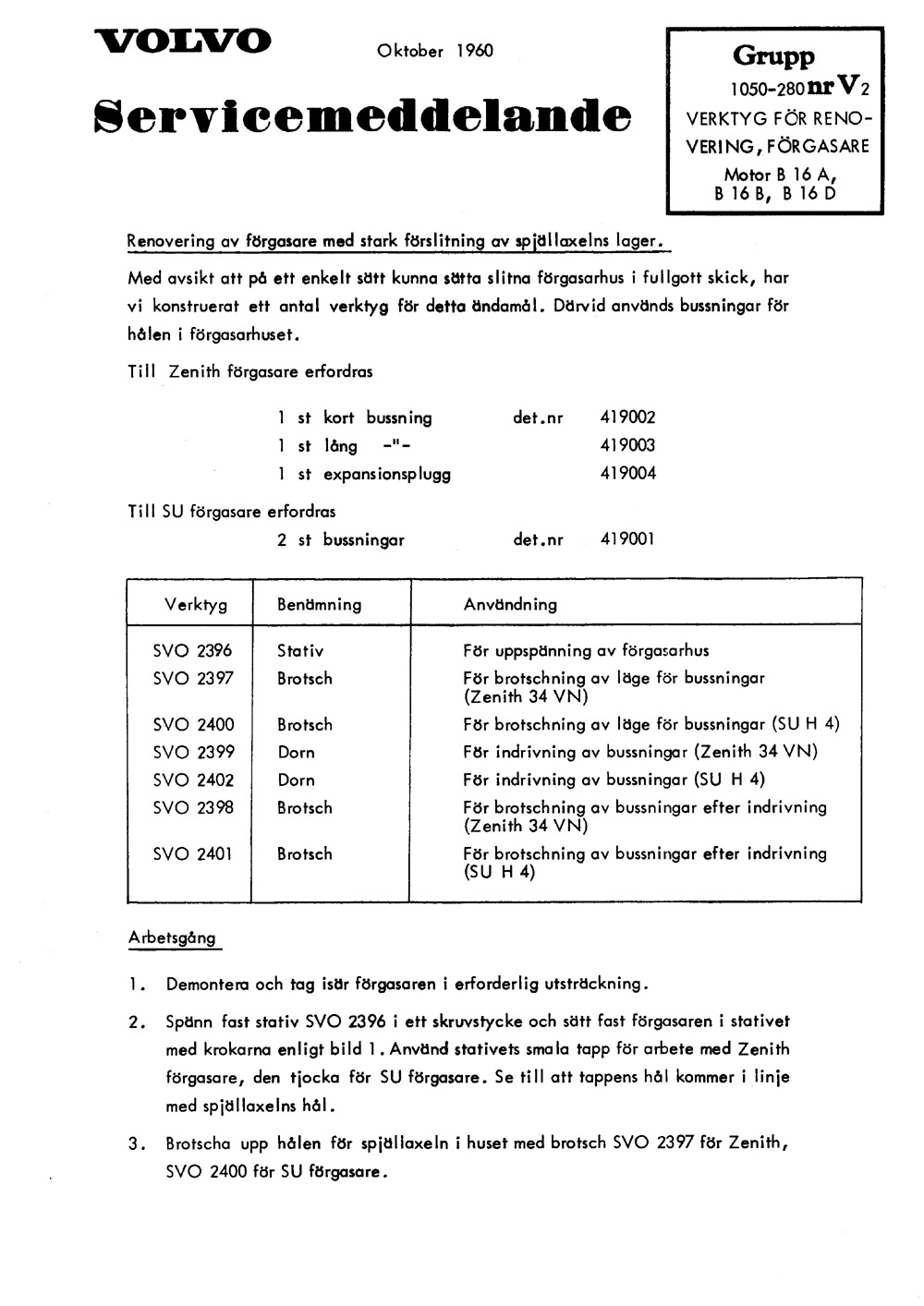 1050-280-V2 1960 Oktober renovering forgassare B16A, B16B, B16D