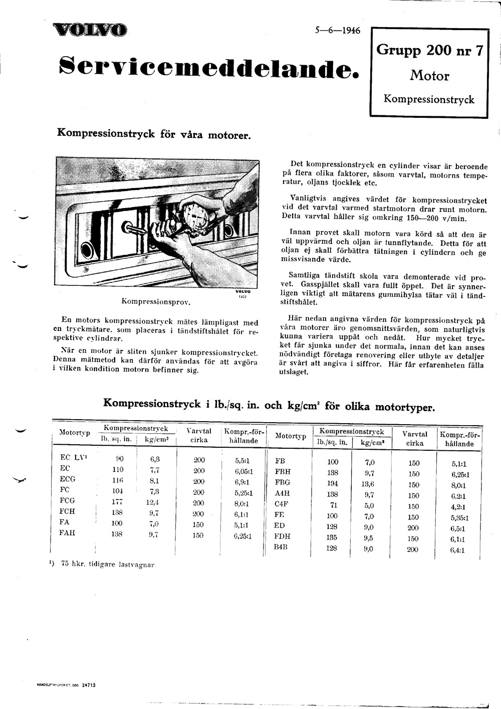 200-07 1946 Juni Motor Kompressionstryck