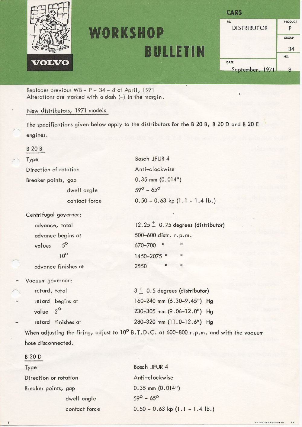 Verkstadsmeddelande/Work shop bulletins and Servicemeddelanden/Service bulletins for the following models: Volvo P1800, Volvo P1800S, Volvo P1800E, Volvo P1800ES, Volvo PV,Volvo PV 444, Volvo PV 544, Volvo Amazon, Volvo 120, Volvo 130, Volvo 220, Volvo 140 , Volvo 240, Volvo 164, Volvo 264 