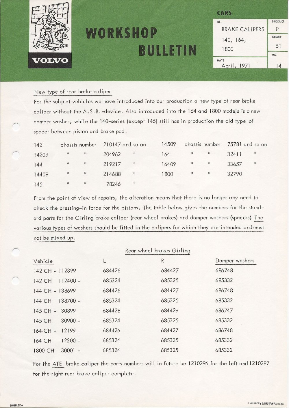 Verkstadsmeddelande/Work shop bulletins and Servicemeddelanden/Service bulletins for the following models: Volvo P1800, Volvo P1800S, Volvo P1800E, Volvo P1800ES, Volvo PV,Volvo PV 444, Volvo PV 544, Volvo Amazon, Volvo 120, Volvo 130, Volvo 220, Volvo 140 , Volvo 240, Volvo 164, Volvo 264 