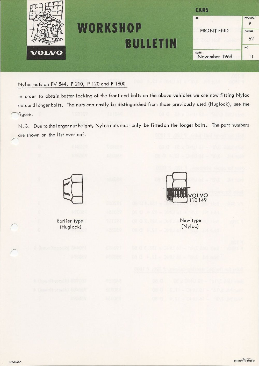 Verkstadsmeddelande/Work shop bulletins and Servicemeddelanden/Service bulletins for the following models: Volvo P1800, Volvo P1800S, Volvo P1800E, Volvo P1800ES, Volvo PV,Volvo PV 444, Volvo PV 544, Volvo Amazon, Volvo 120, Volvo 130, Volvo 220, Volvo 140 , Volvo 240, Volvo 164, Volvo 264 