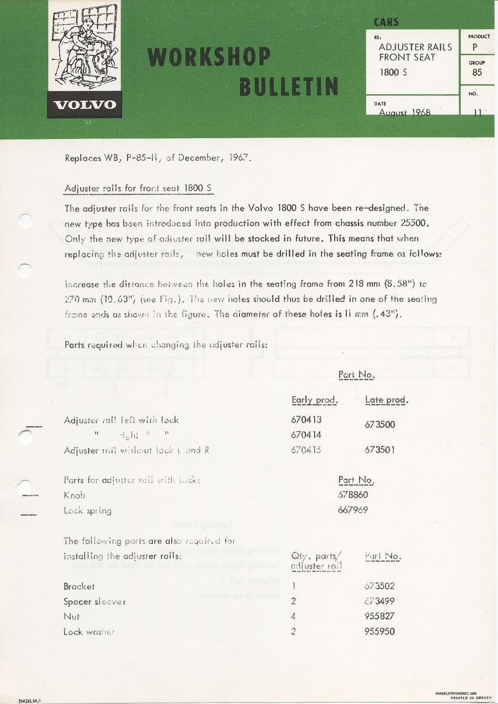 Verkstadsmeddelande/Work shop bulletins and Servicemeddelanden/Service bulletins for the following models: Volvo P1800, Volvo P1800S, Volvo P1800E, Volvo P1800ES, Volvo PV,Volvo PV 444, Volvo PV 544, Volvo Amazon, Volvo 120, Volvo 130, Volvo 220, Volvo 140 , Volvo 240, Volvo 164, Volvo 264 